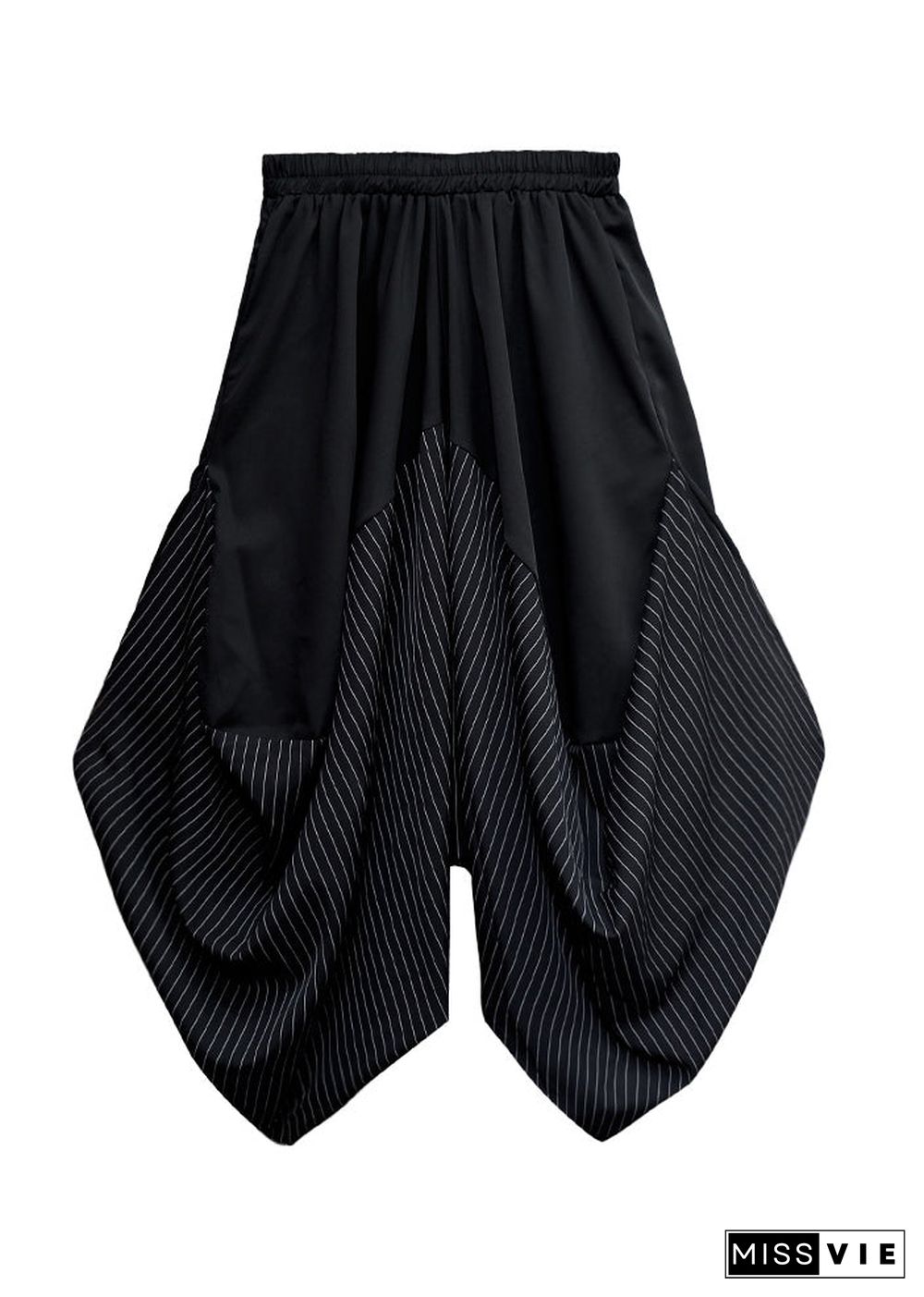 Italian Black Asymmetrical Pockets Striped Patchwork Wide Leg Pants Summer