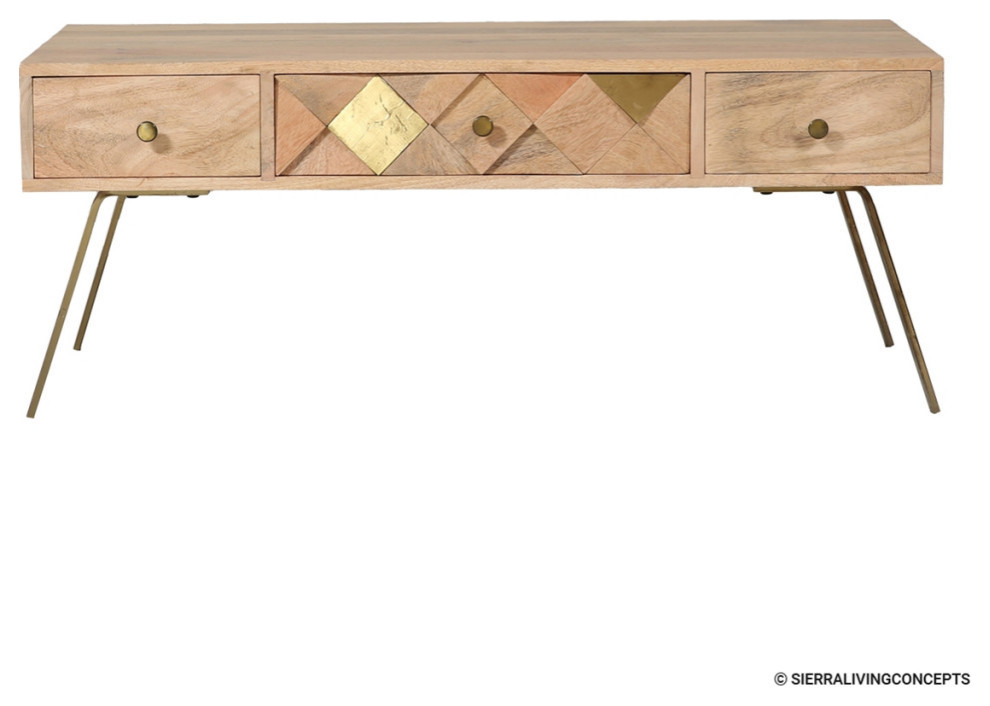 Cartago Farmhouse Style 3 Drawers Brass Inlay Coffee Table   Rustic   Coffee Tables   by Sierra Living Concepts Inc  Houzz