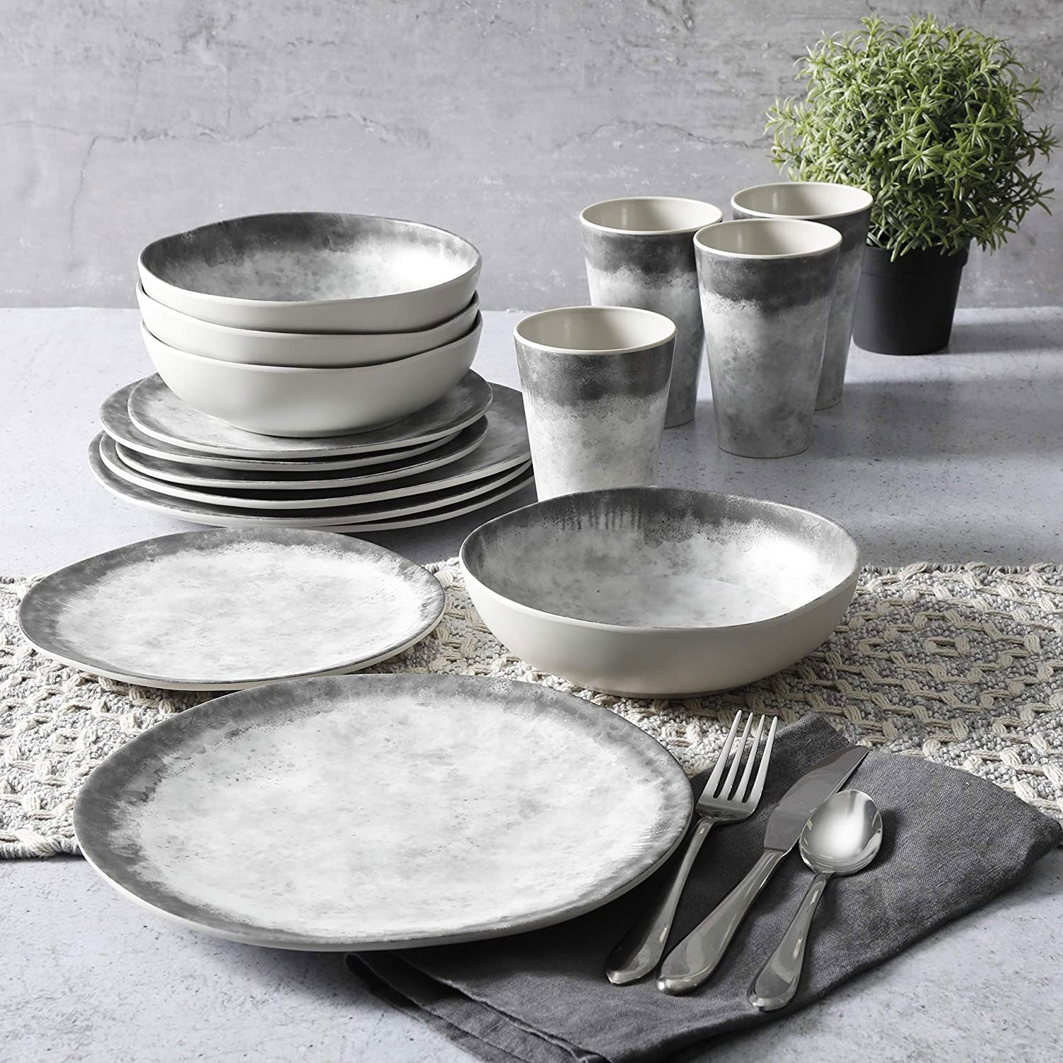 Gibson Home Granite 16 Pc Melamine Plate, Bowl, & Cup Dinnerware Set (Open Box)