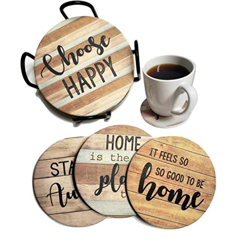 PANCHH Rustic Farmhouse Stone and Cork Coasters for Drinks， Absorbent - Set of 6 Coasters with Holder - Best Housewarming Gifts for New Home Ideas - Cute Kitchen and Coffee Table Décor and Accessories