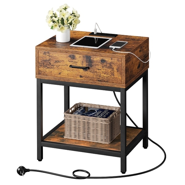 Nightstand-Bedside Table with Charging Station Type-CandUSB Ports， Modern End Table