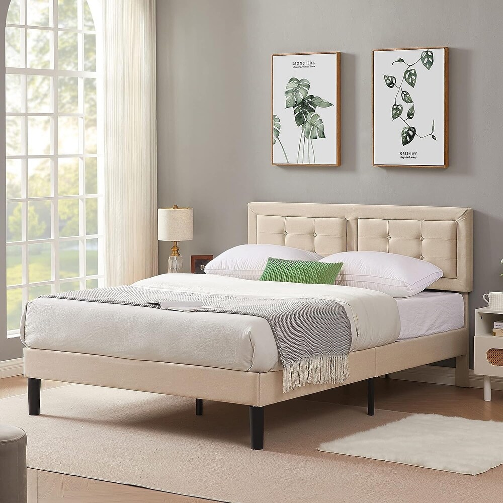 VECELO Tufted Upholstered Bed with Adjustable Headboard  Dark Grey Beige Blue Bed