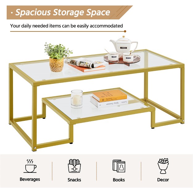 Yaheetech Modern Tempered Glass Coffee Table With Open Shelf For Living Room Gold