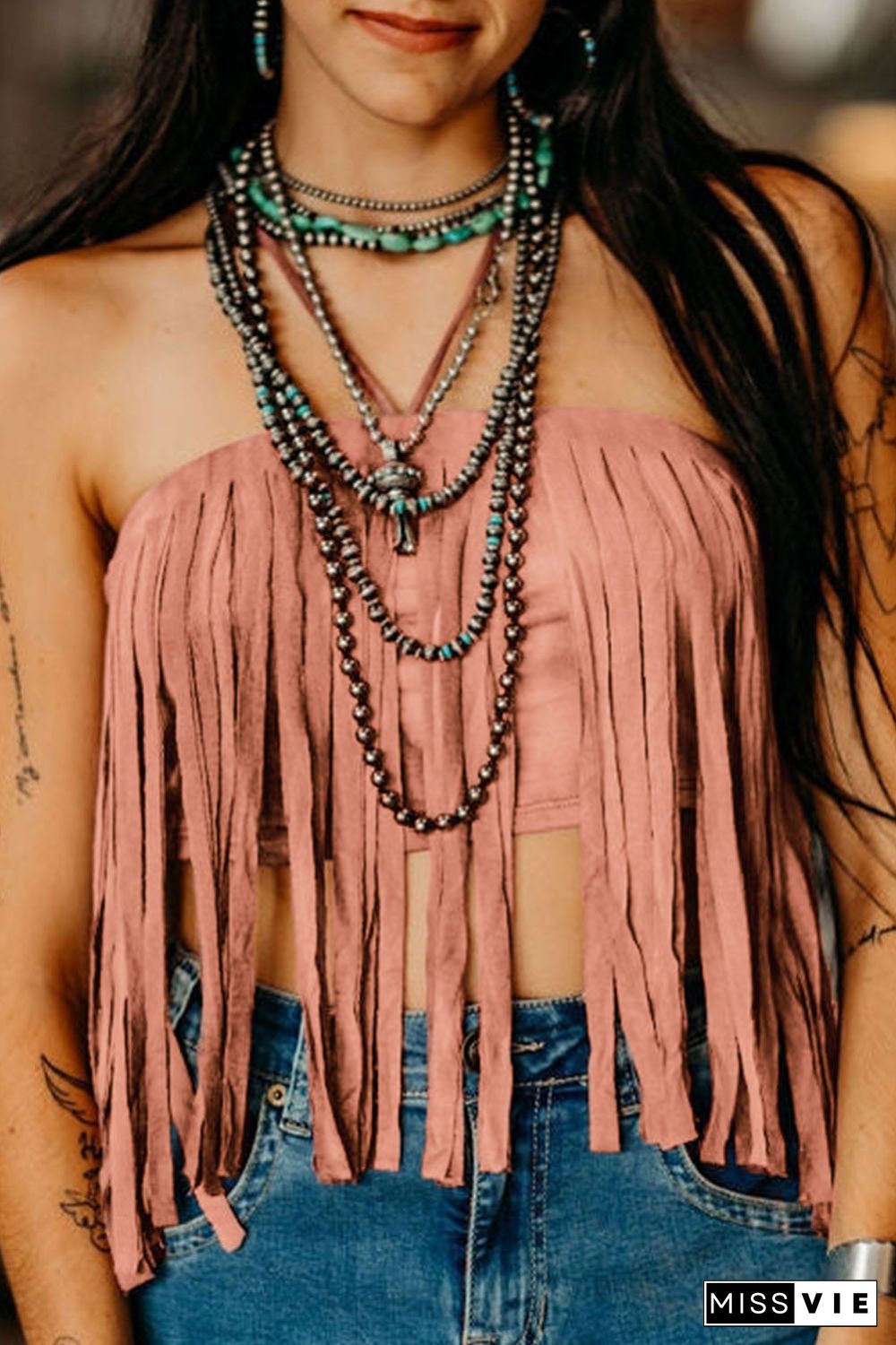 Pink Tassel Drawstring Bandeau Crop Tank Top