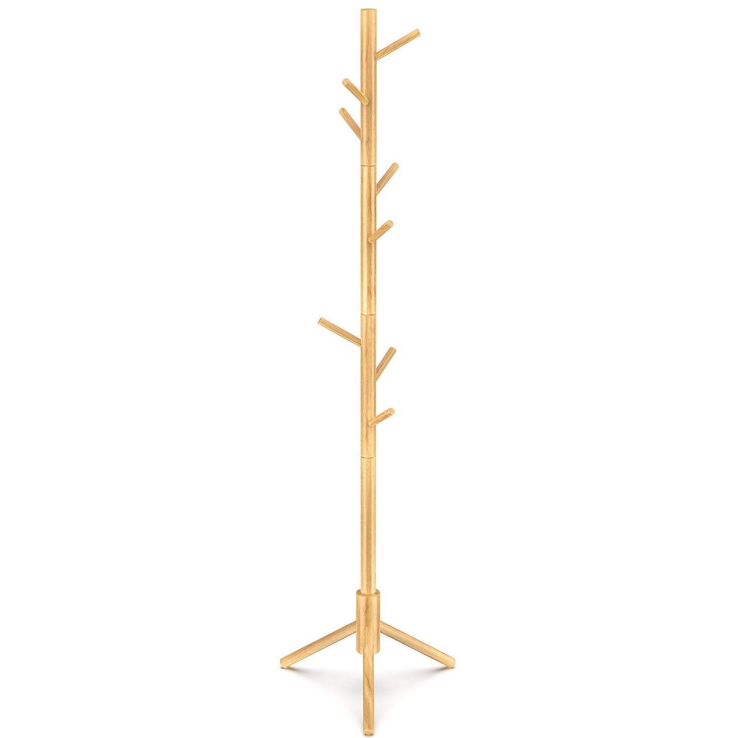 Freestanding Wooden Coat Rack Coat Stand Hall Tree with 3 Adjustable Height and 8 Hooks for Home Office Entryway Hallway