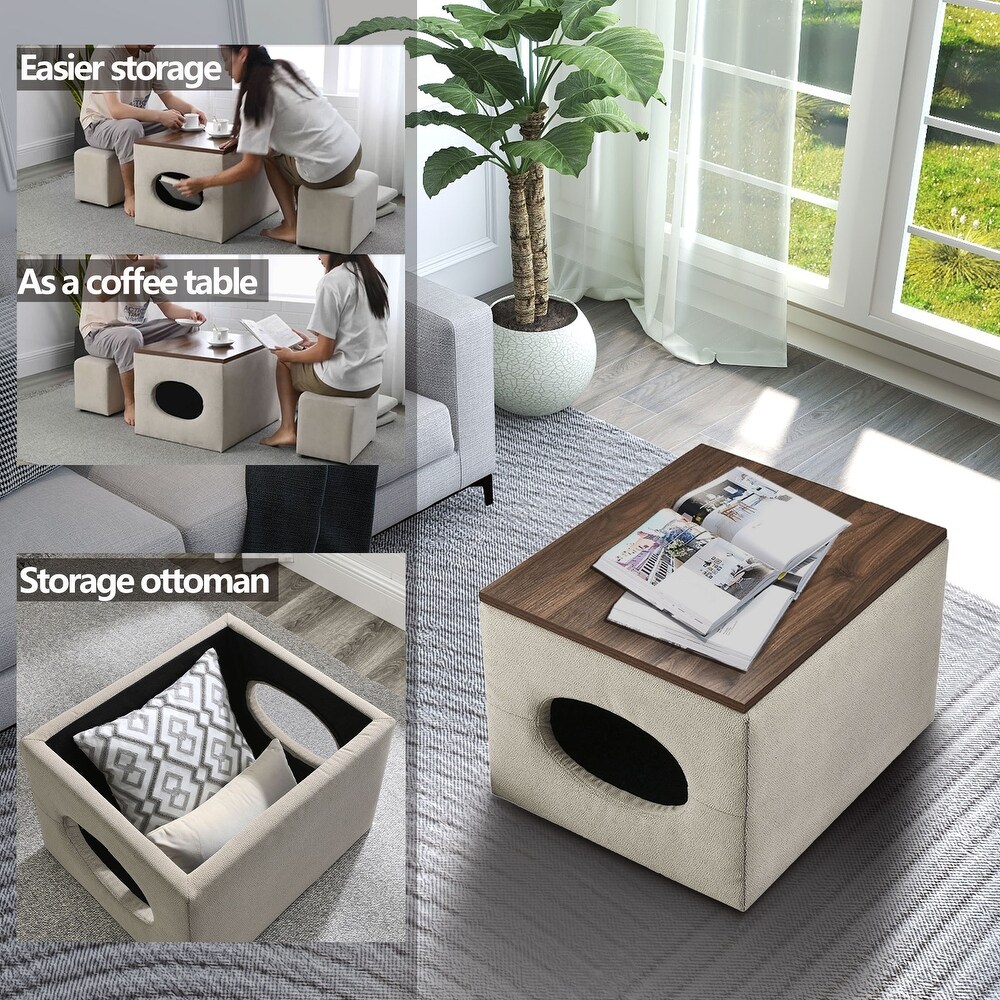 Detachable Lid Footstool Spare Seat Temporary Table Folding Square Storage Cube Seat Low Stool Stool with 2 Cushion