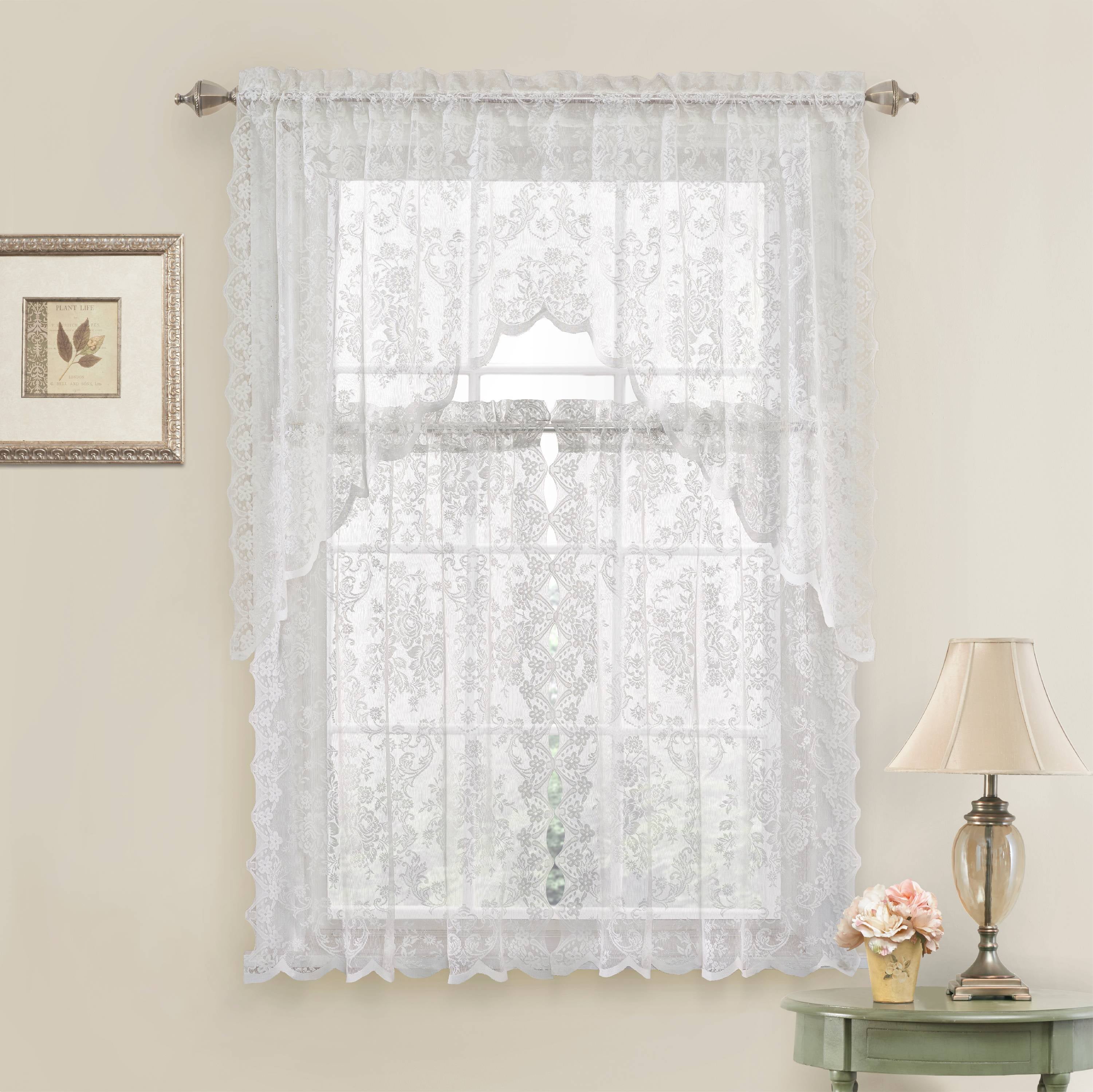 Country Chic Complete Floral Lace Kitchen Curtain Tier & Swag Valance Set - White