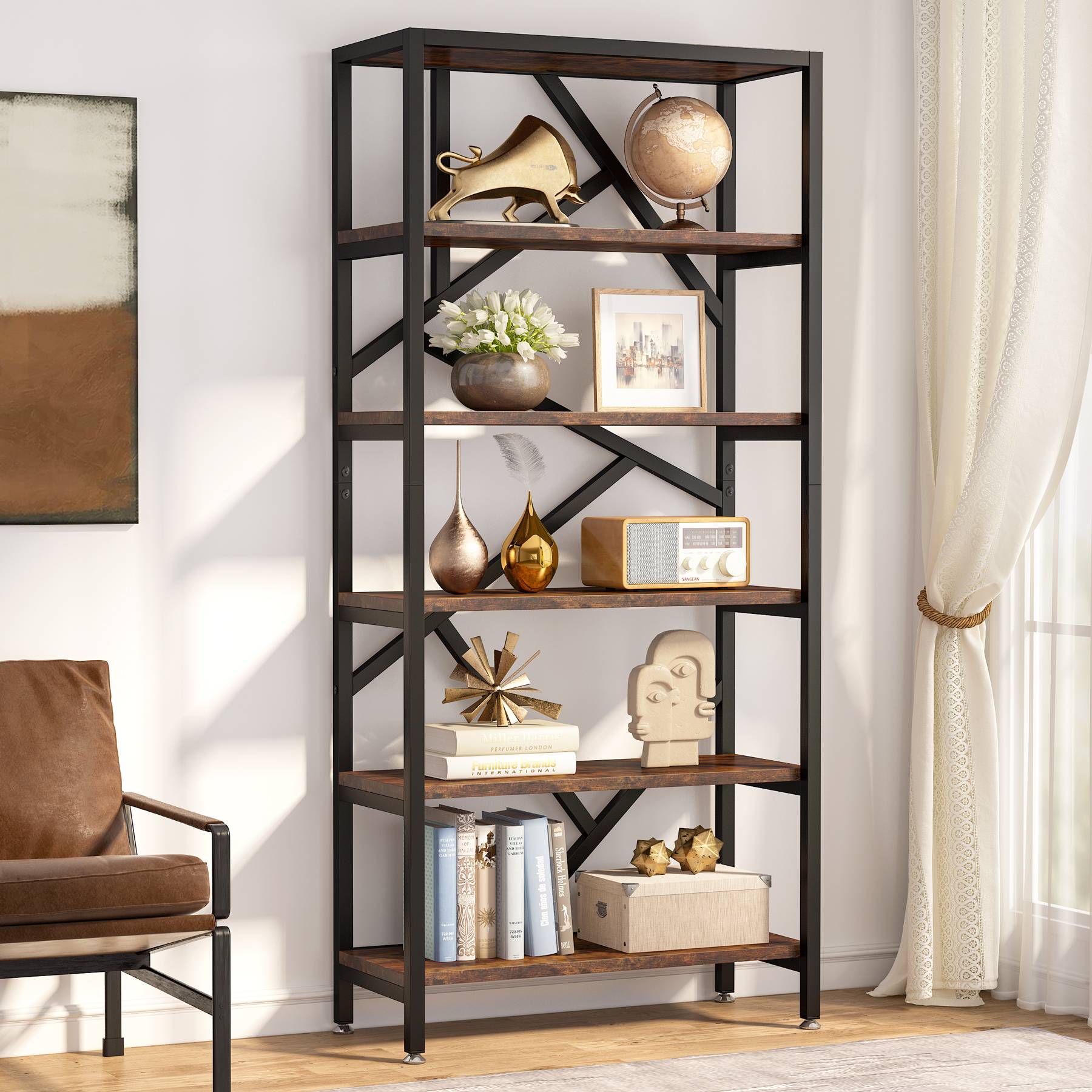 71 Bookshelf, Industrial Etagere Bookcase 6 Shelf Display Rack