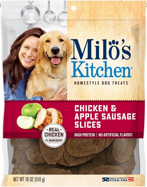 Milo's Kitchen Chicken and Apple Sausage Slices Dog Treats， 18-oz bag