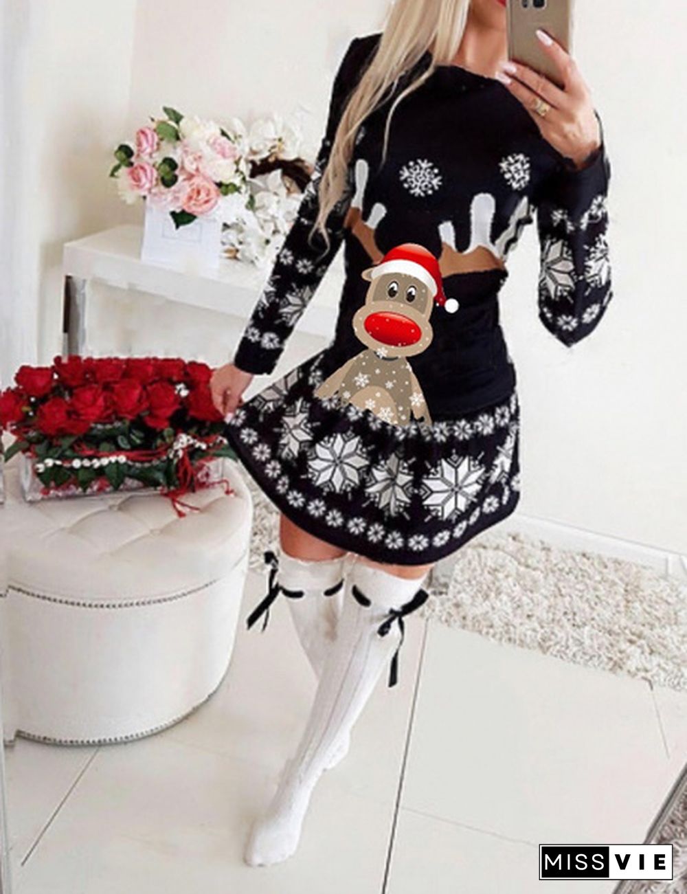 New Womens Christmas Elk Mini Dress Ladies Long Sleeve Xmas Bodycon Dresses Plus Size XS-5XL