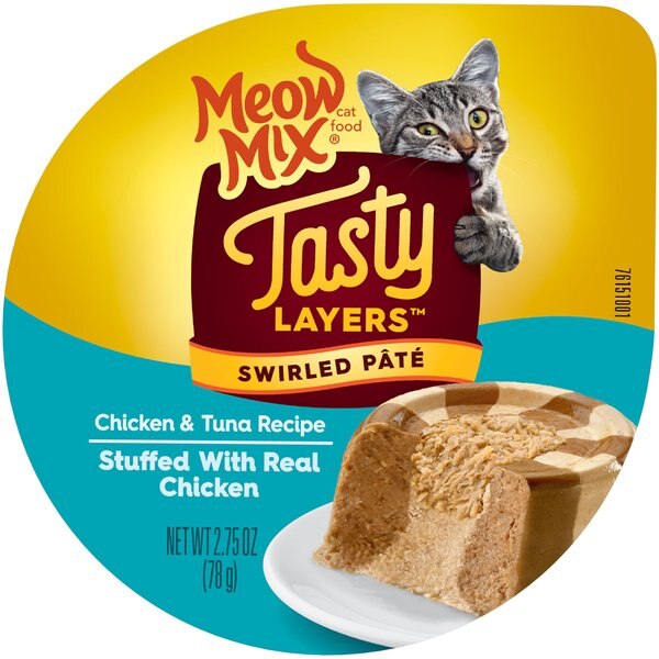 Meow Mix Tasty Layers Chicken and Tuna Recipe Stuffed with Real Chicken Swirled Paté Cat Food， 2.75-oz can， case of 12