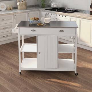 Tatayosi White MDF Wood 31.50 in. Kitchen Island with Double Glass-Paneled Doors and Handle J-H-W28228062