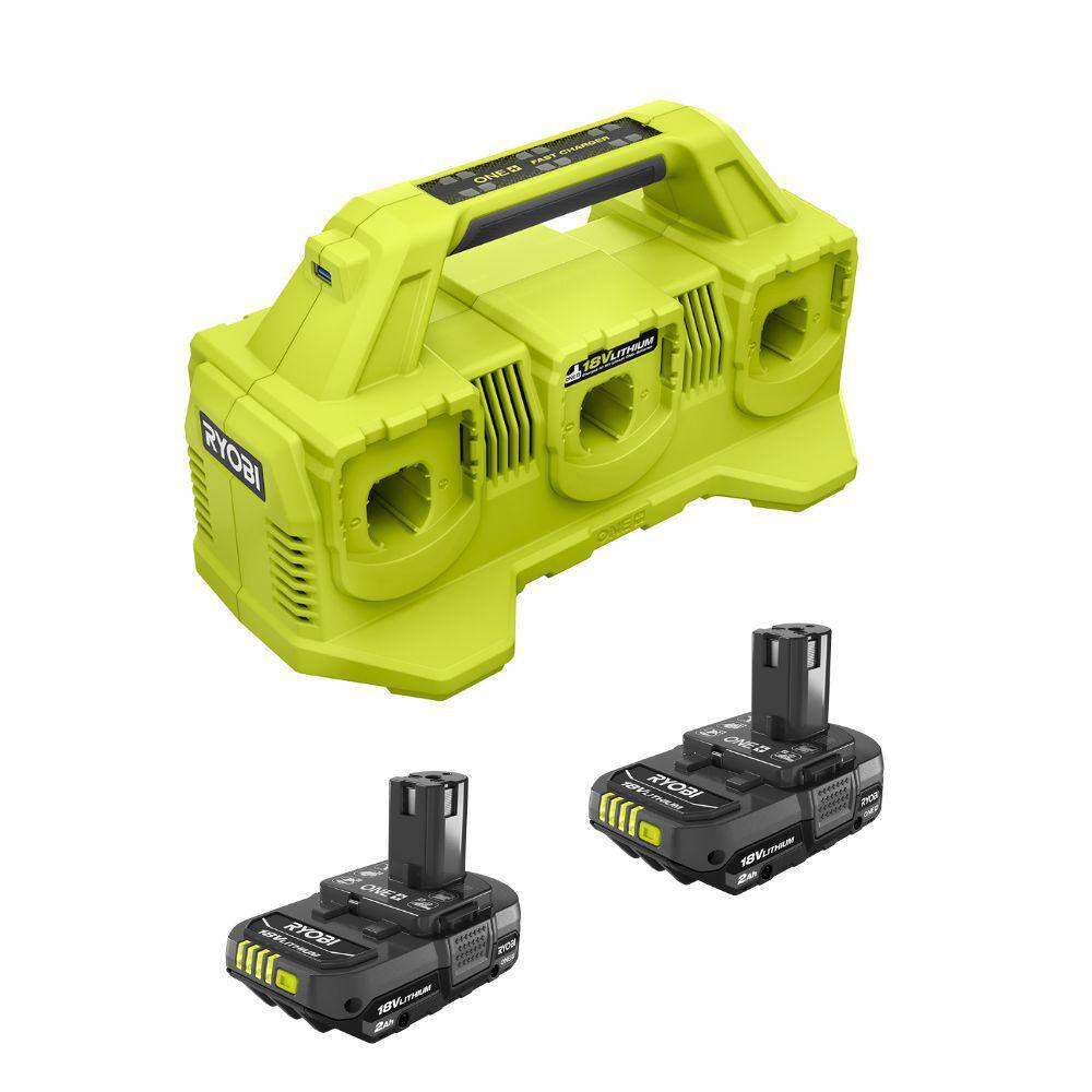 RYOBI ONE+ 18V Lithium-Ion 2.0 Ah Compact Battery (2-Pack) with 6-Port Charger PBP2006-PCG006