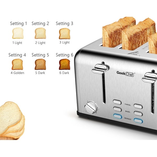 1550 W 4-Slice Silver Stainless Steel Wide Slot Toaster with Dual Control Panels