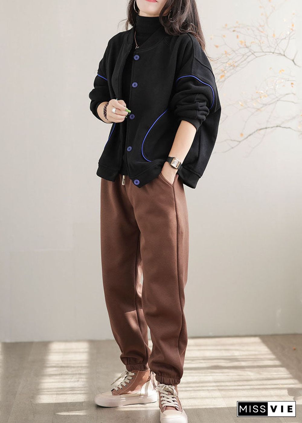 Casual Chocolate Elastic Waist Oversized Warm Fleece Pants Winter