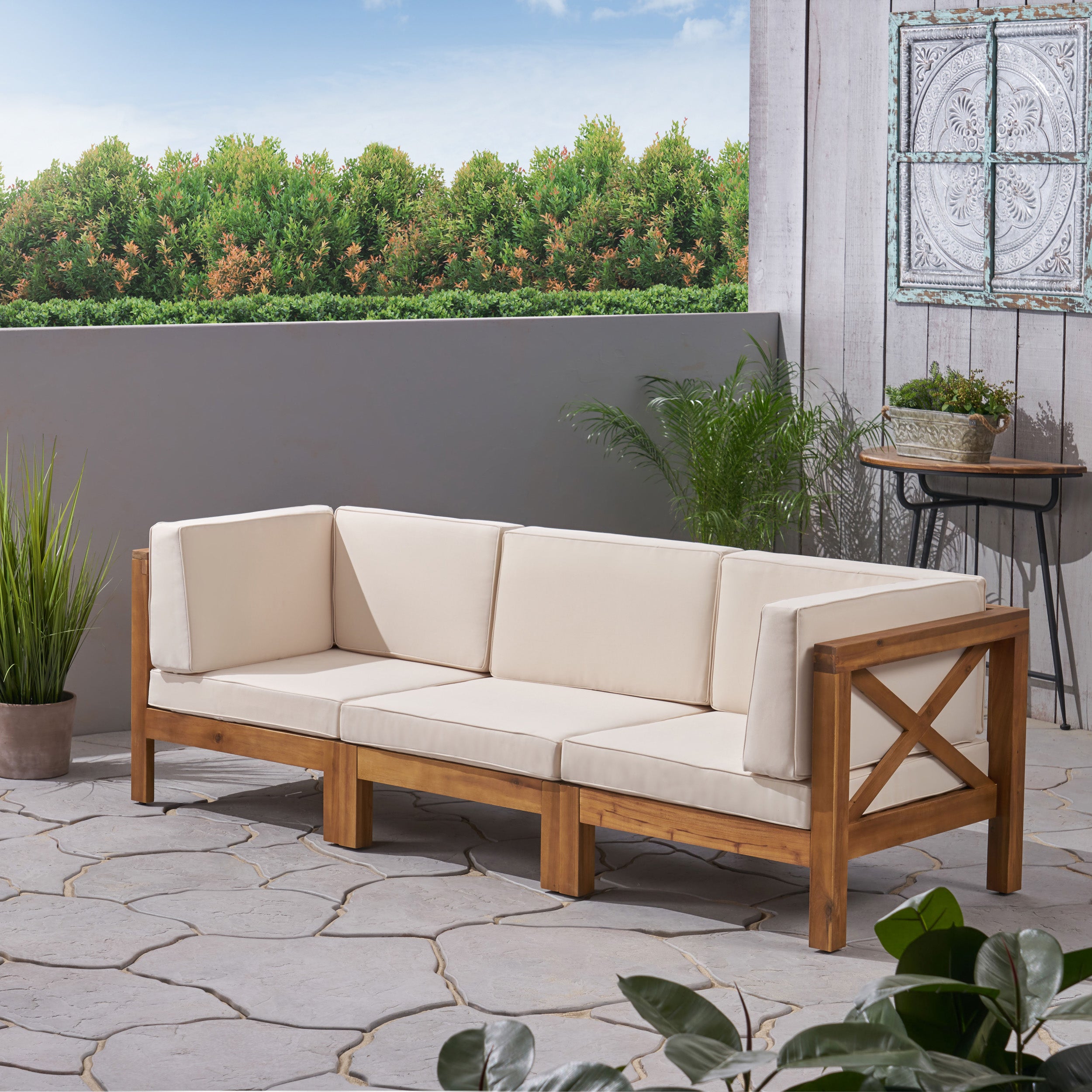 Brava Outdoor Modular Acacia Wood Sofa with Cushions