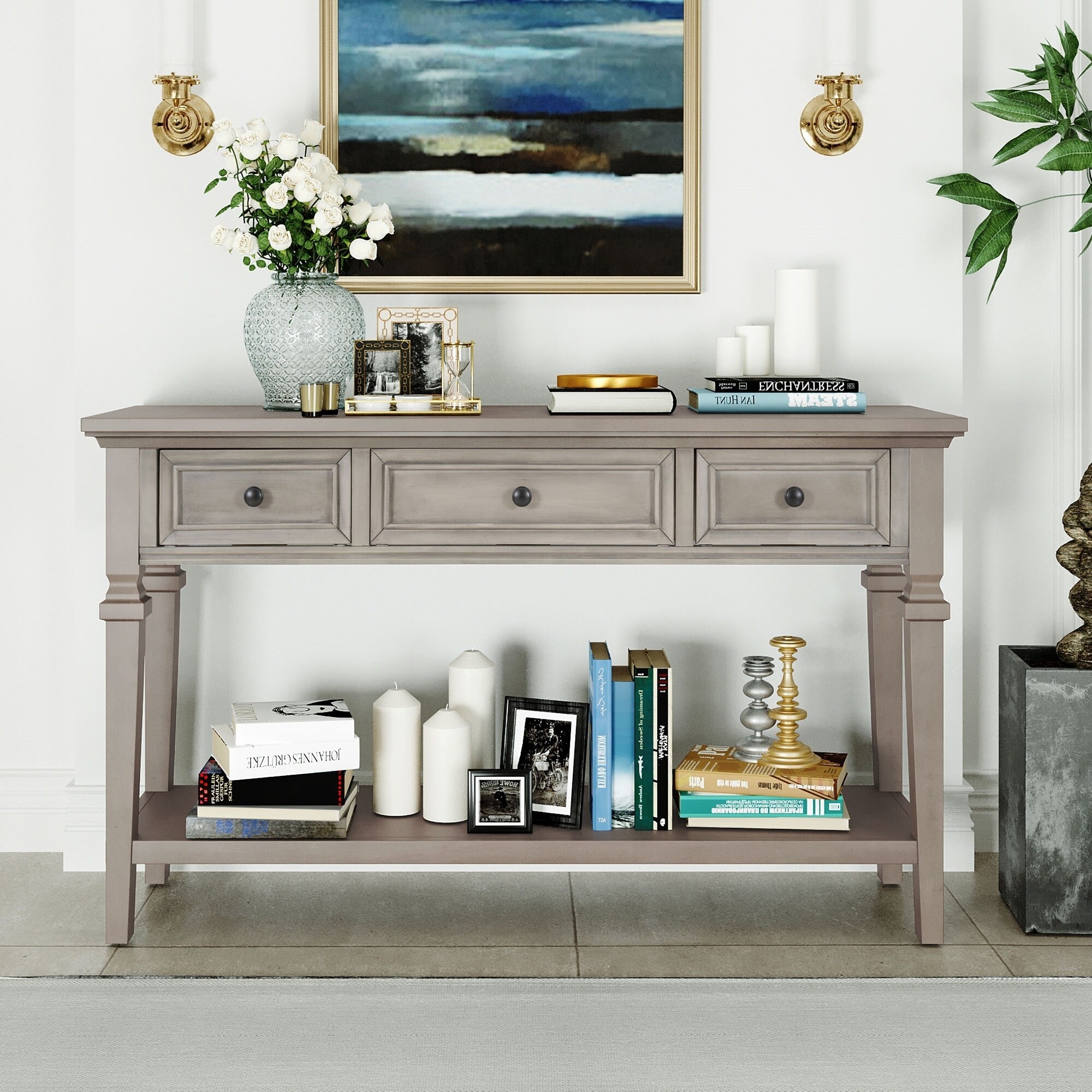 Console Table with Three Top Drawers and Open Style Bottom Shelf