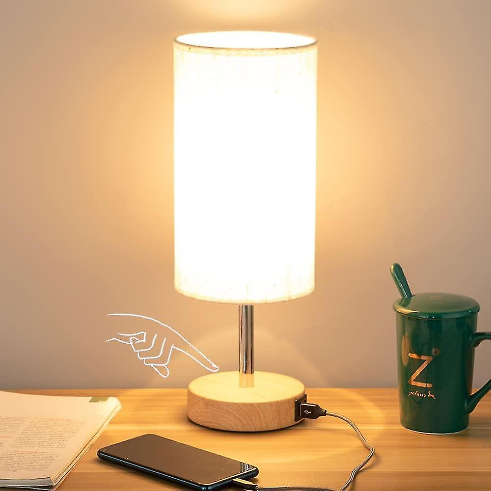 Bedside Lamp With Usb Port - Touch Control Table Lamp For Bedroom Wood 3 Way Dimmable Nightstand Lamp With Round Flaxen Fabric Shade For Living Room，