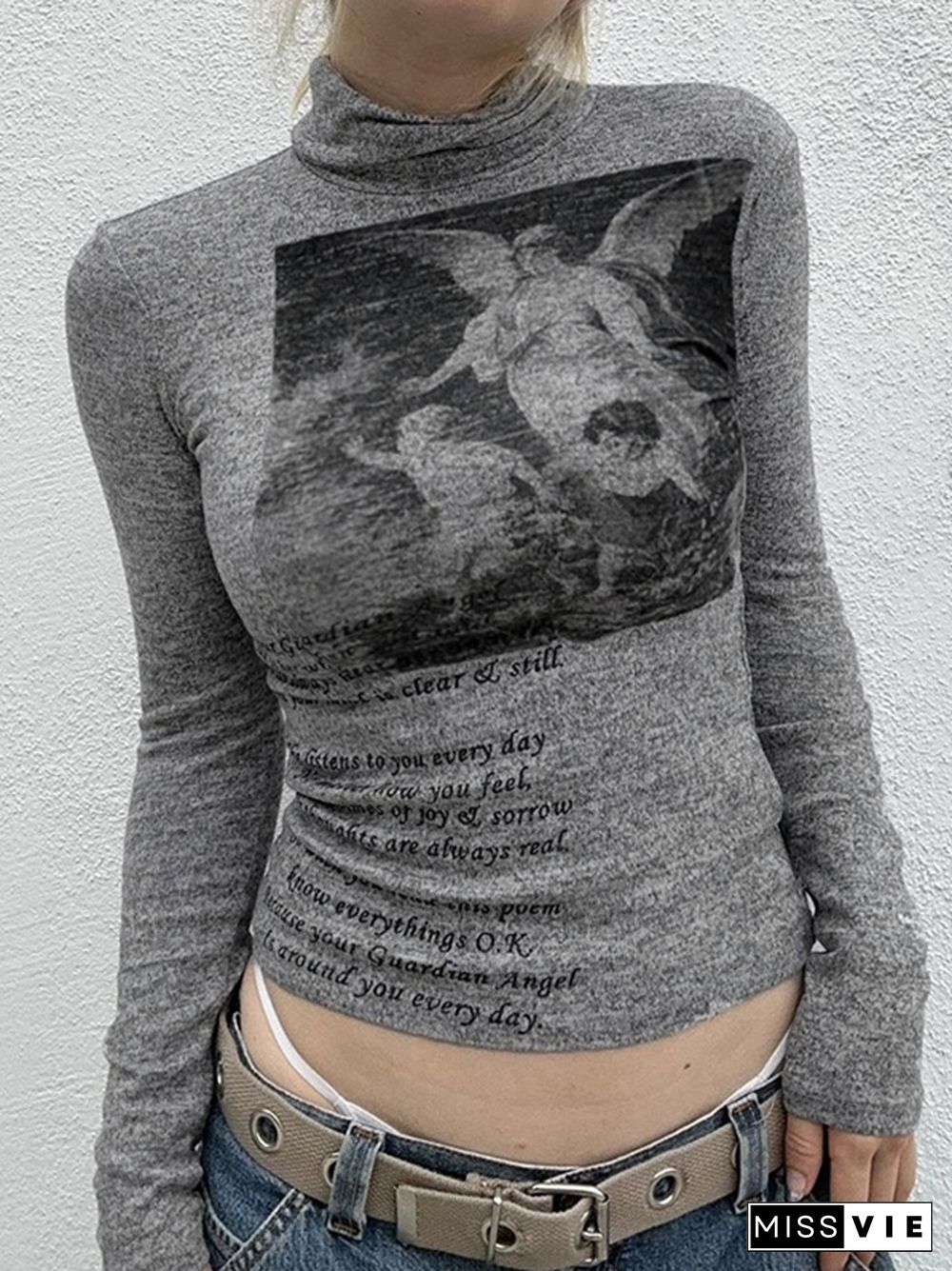 Vintage Cherub Print Turtleneck Slim Long Sleeve Tee