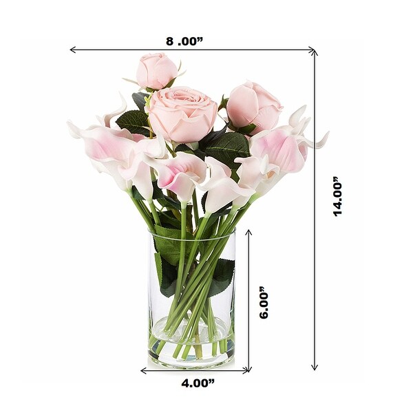 Enova Home Mixed Artificial Real Touch Lily and Rose Flower Arrangement in Clear Glass Vase with Faux Water For Home Decoration