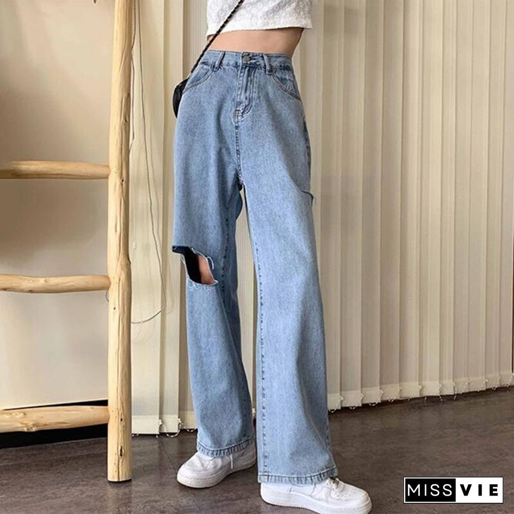 Woman Jeans Ripped High Waist Clothes Wide Leg Denim Clothing Streetwear Vintage Quality Fashion Harajuku Straight Pants