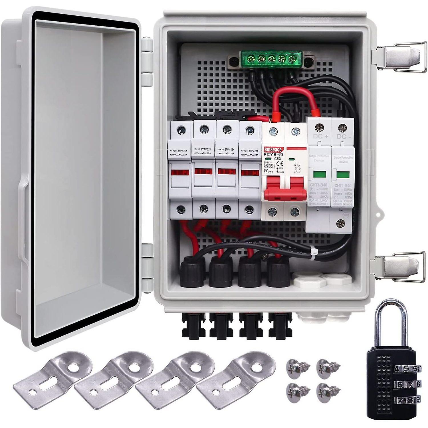 4 String Pv Combiner Box With Circuit Breaker Led 15a Current Fuse Lightning Arreste Solar Combiner Box Waterproof With 3 Digit Combination Lock Mount