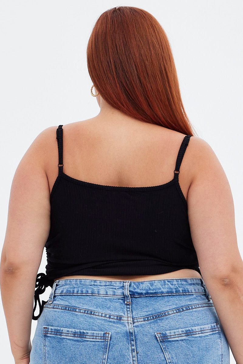 Black Crop Top Rib Jersey Drawstring Side