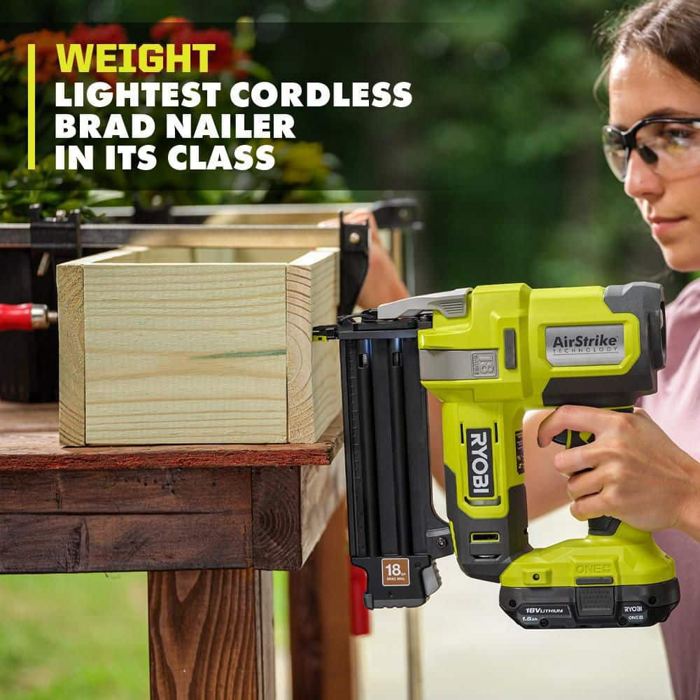 RYOBI ONE+ 18V 18-Gauge Cordless AirStrike Brad Nailer with 1.5 Ah Battery and Charger P321KN