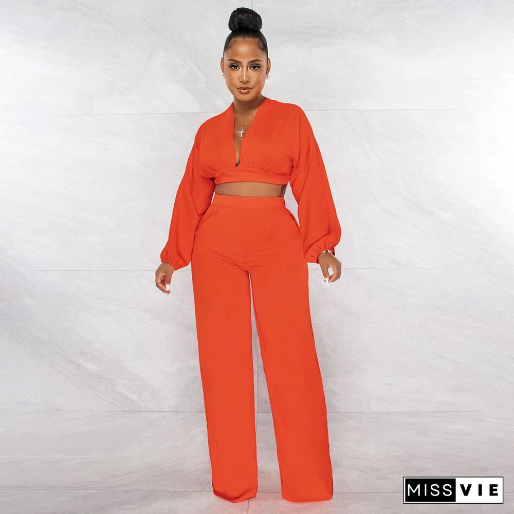 Deep V Neck Crop Top Wide Leg Pants Two Piece Set