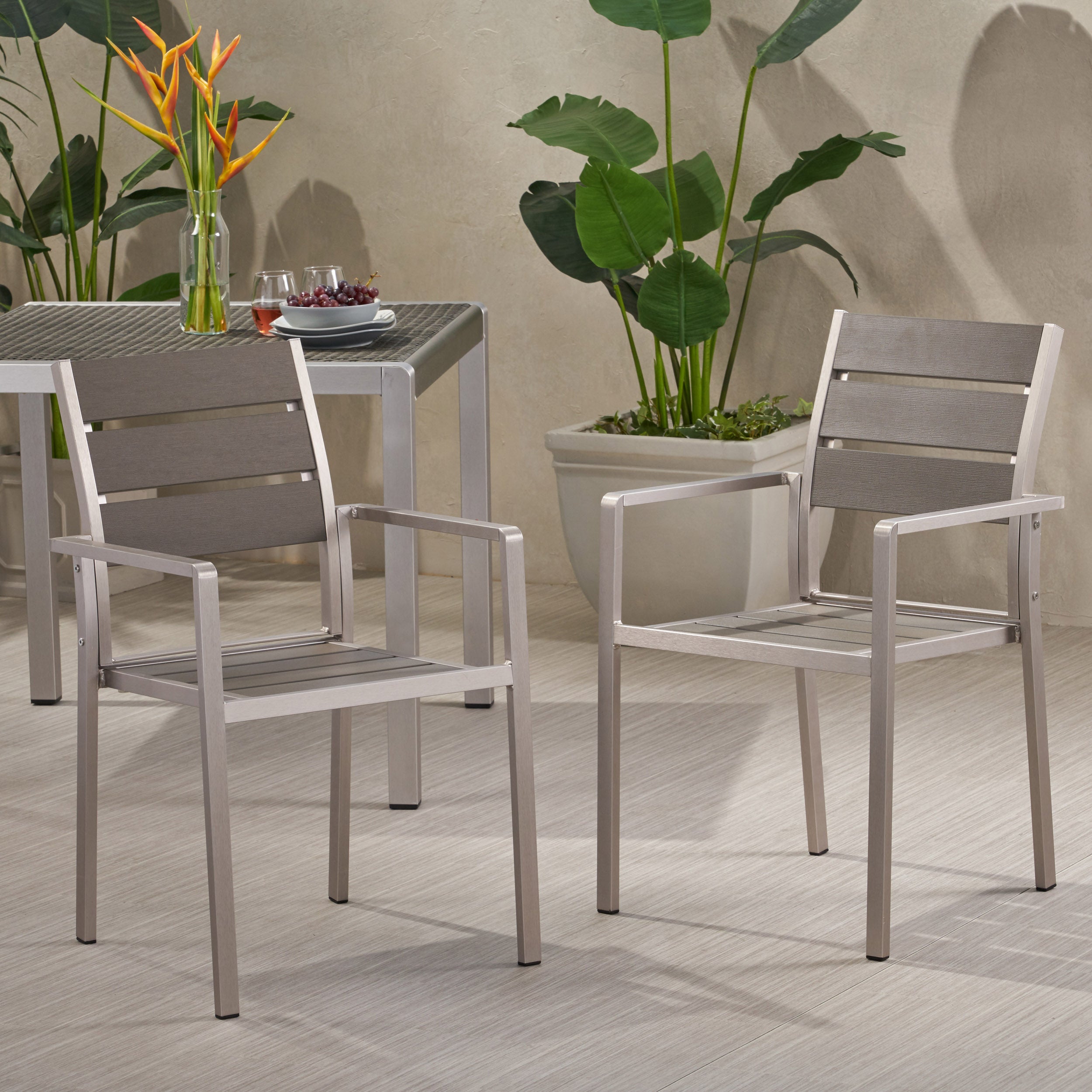 Cherie Outdoor Modern Aluminum Dining Chair with Faux Wood Seat (Set of 2)