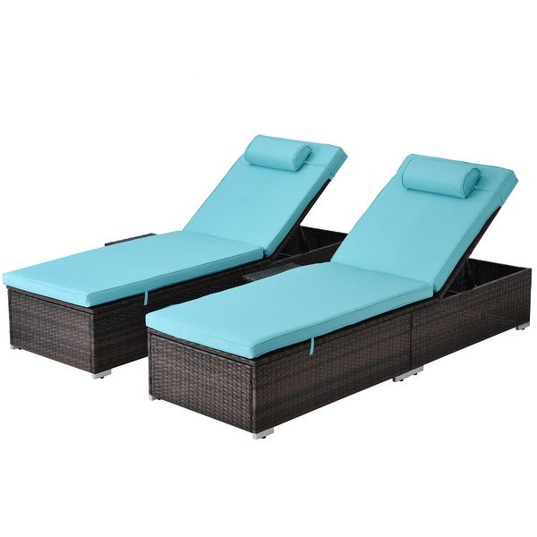 2 Piece Outdoor PE Wicker Patio Lounge Chair with 4 Cushions and 2 Head Pillows， Adjustable Chaise Lounge Set of 2