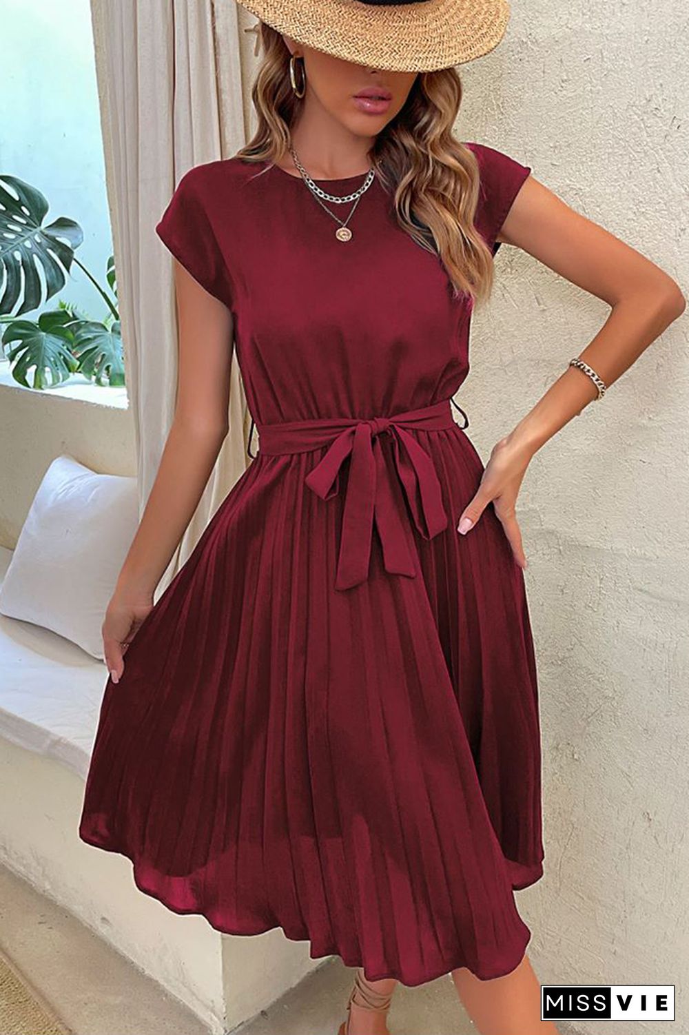 Plain Pleated with Belt Short Sleeves Midi Dress