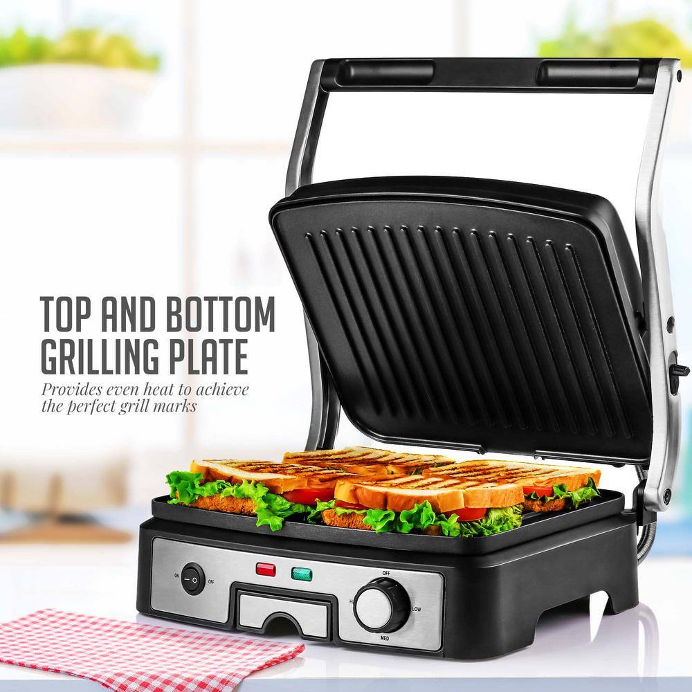 OVENTE 4-Slice Electric Panini 180 Adjustable Hinge Non-Stick 3 Heat Settings Drip Tray Free Grill (GP1861BR) GP1861BR