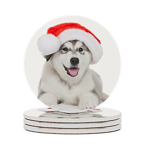 Round Drink Coasters 4 Pcs Happy Puppy Husky Wear Christmas Hat Absorbent Ceramic Coaster With Cork Base For Coffee Cups Housewarming Gift For Home De