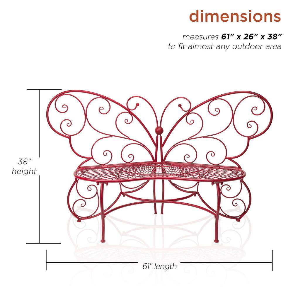 Alpine Corporation 61 in. x 26 in. Outdoor 2 Person Metal Butterfly Shaped Garden Bench, Red BAZ400RD