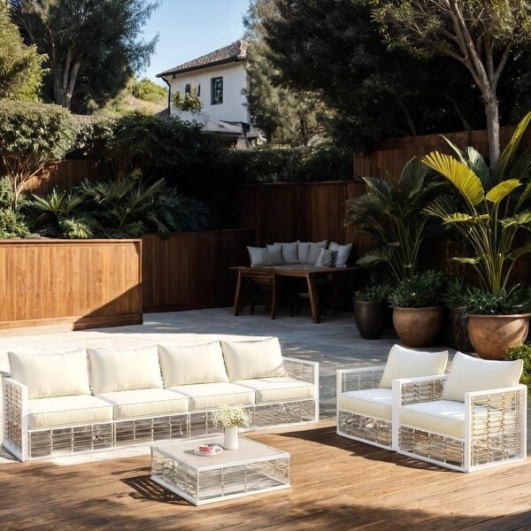 7Piece Metal Patio Sectional Sofa Set with Coffee Table，AllWeather Garden Conversational Set with Thick Cushions，White