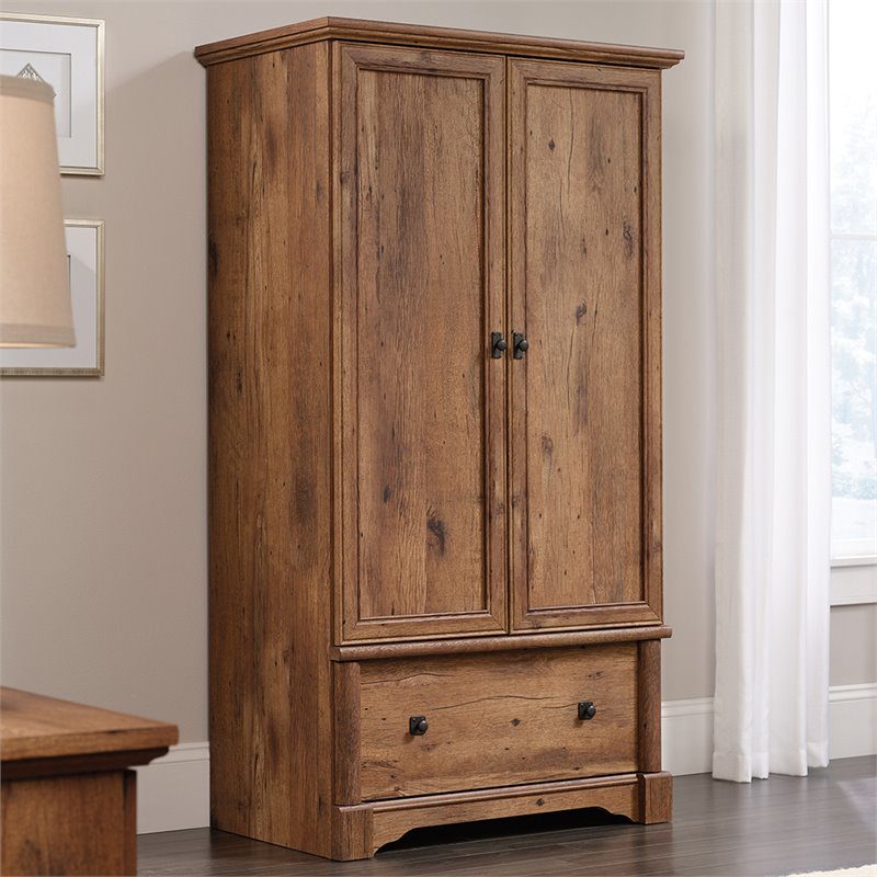 Pemberly Row Contemporary Wood Bedroom Armoire with Garment Rod in Vintage Oak