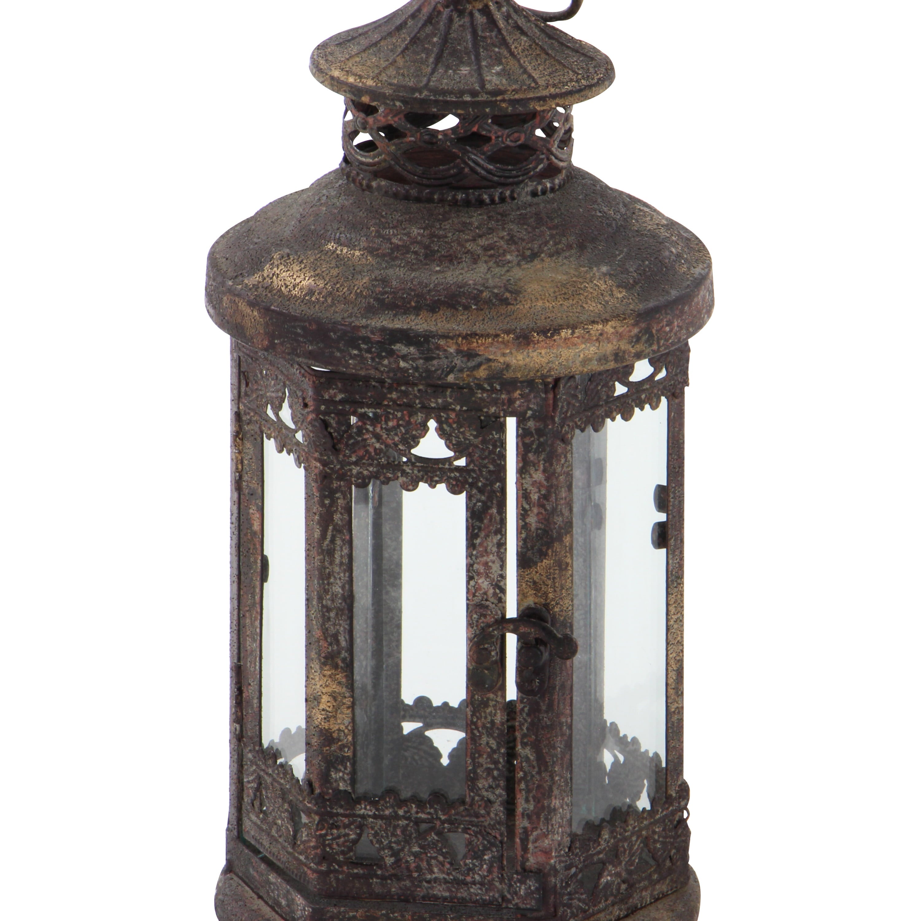 DecMode Brown Metal Candle Lantern with Intricate Scroll Work