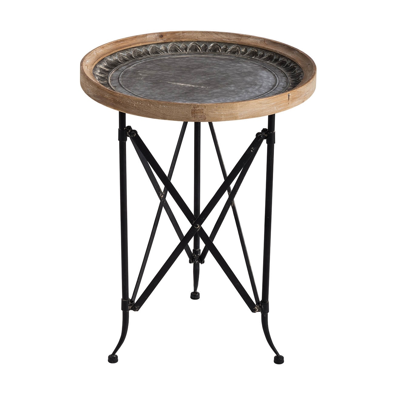 Natural and Black 24-inch Classic Vintage Wood and Metal Round Side Table