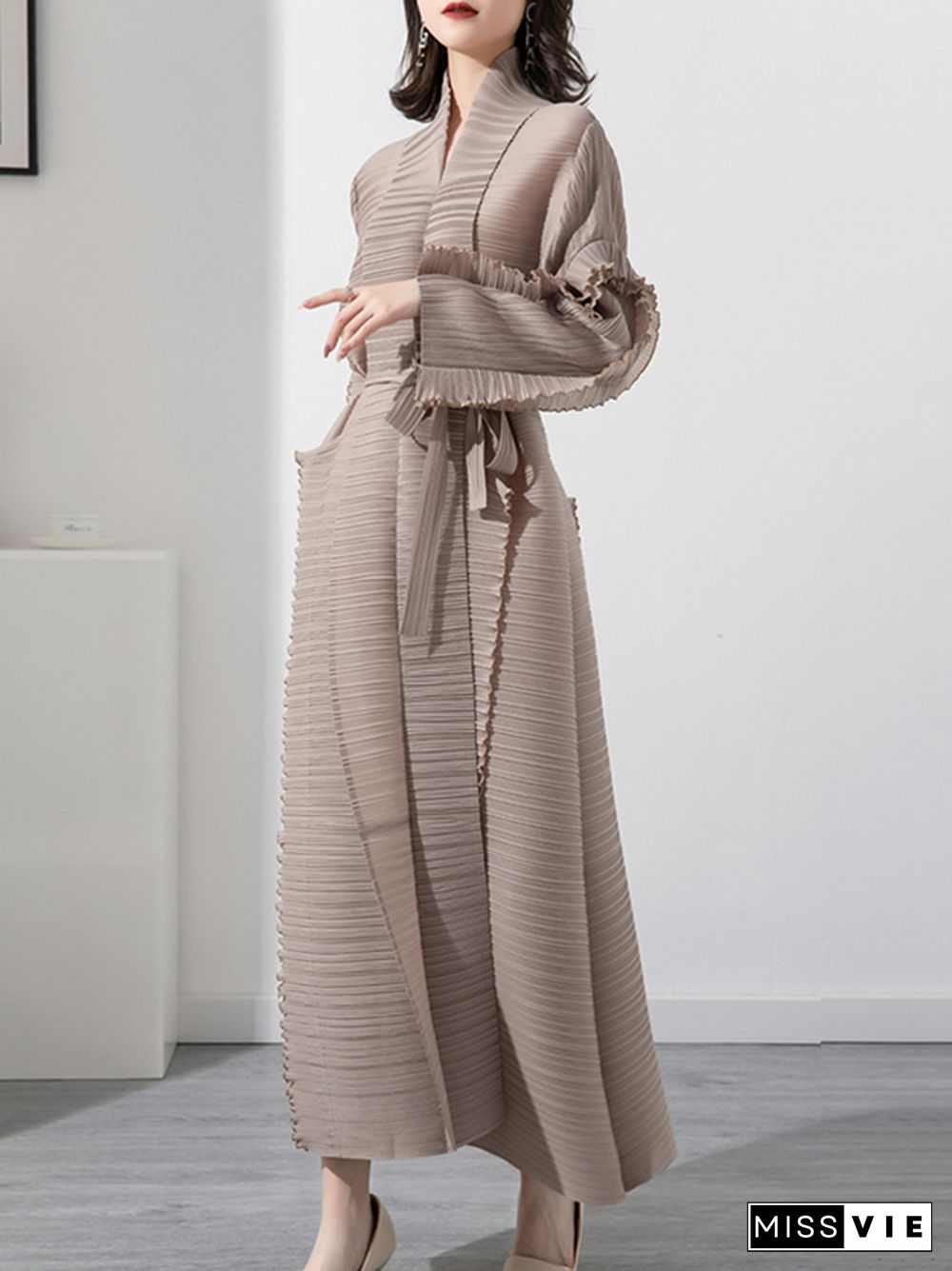 Casual Long Sleeves Loose Tied Pleated Stand Collar Midi Dresses