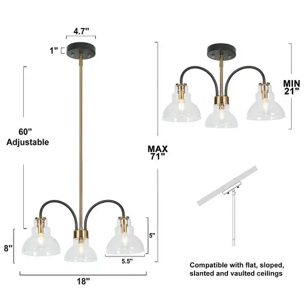 Modern Black Gold 3-light Chandelier Glass Barn Island Pendant Lighting - D18