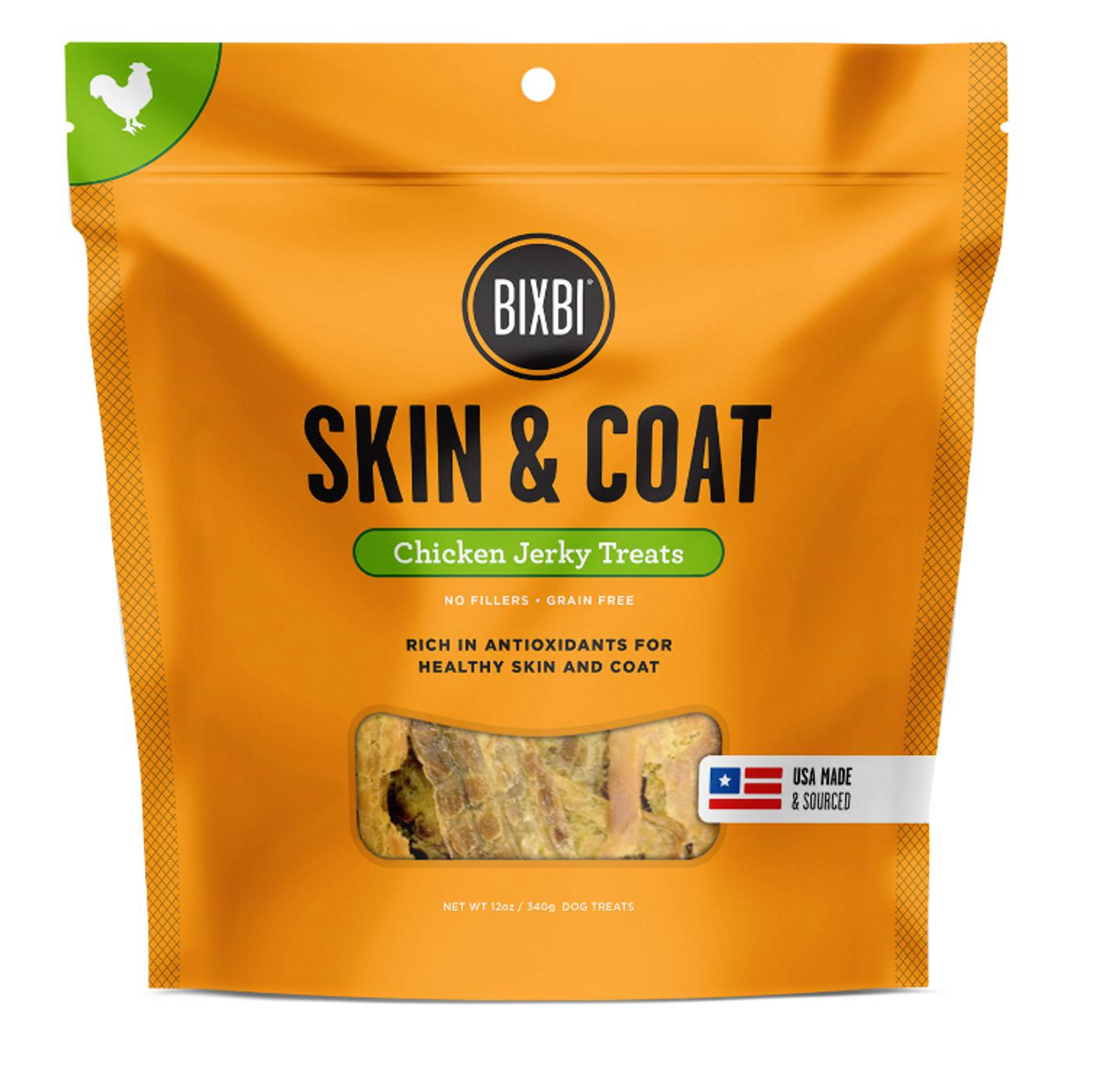 Bixbi Skin and Coat Support Chicken Jerky Dog Treats， 5oz.