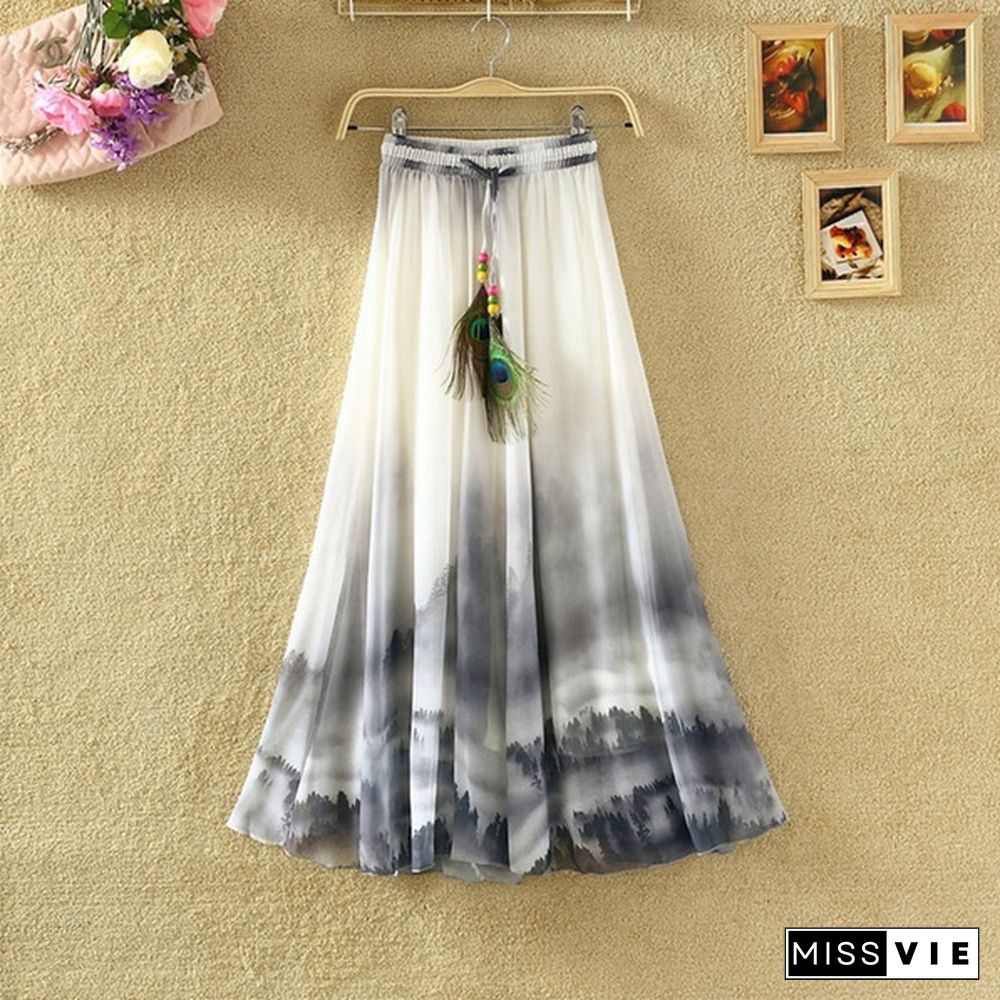 Summer Bohemian Long Skirt Chiffon Elegant Print Casual Skirts