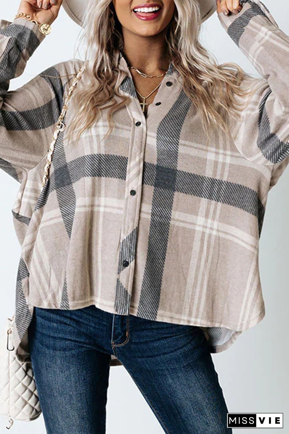 Khaki High Low Brushed Plaid Oversize Shirt