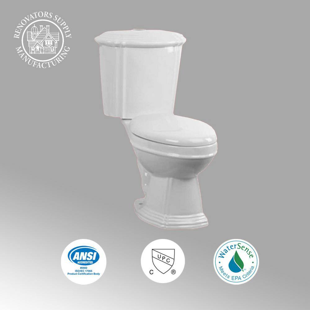 RENOVATORS SUPPLY MANUFACTURING Sheffield 2-Piece 0.8 GPF1.6 GPF WaterSense Dual Flush Round Toilet in White with Slow Close Seat 13752