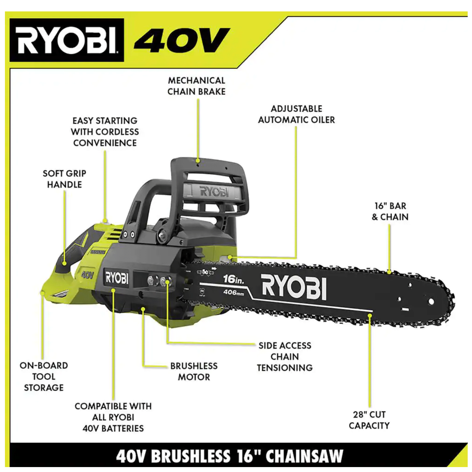 Ryobi 40V Brushless 16 in. Cordless Battery Chainsaw， Tool Only (RY40505BTL)