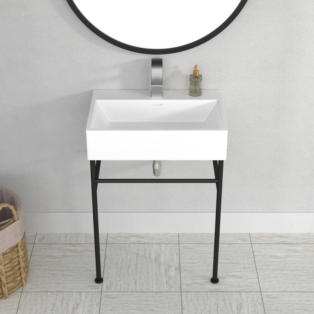 Logmey 24 in. Ceramic White Single Bowl Console Sink Basin and Legs Combo with Overflow and Black Metal Leg LMZJP24B17