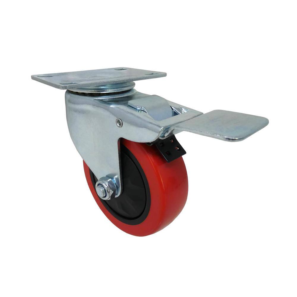 Everbilt 4 in. Red Polyurethane and Steel Swivel Plate Caster with Locking Brake and 250 lbs. Load Rating 4120745EB