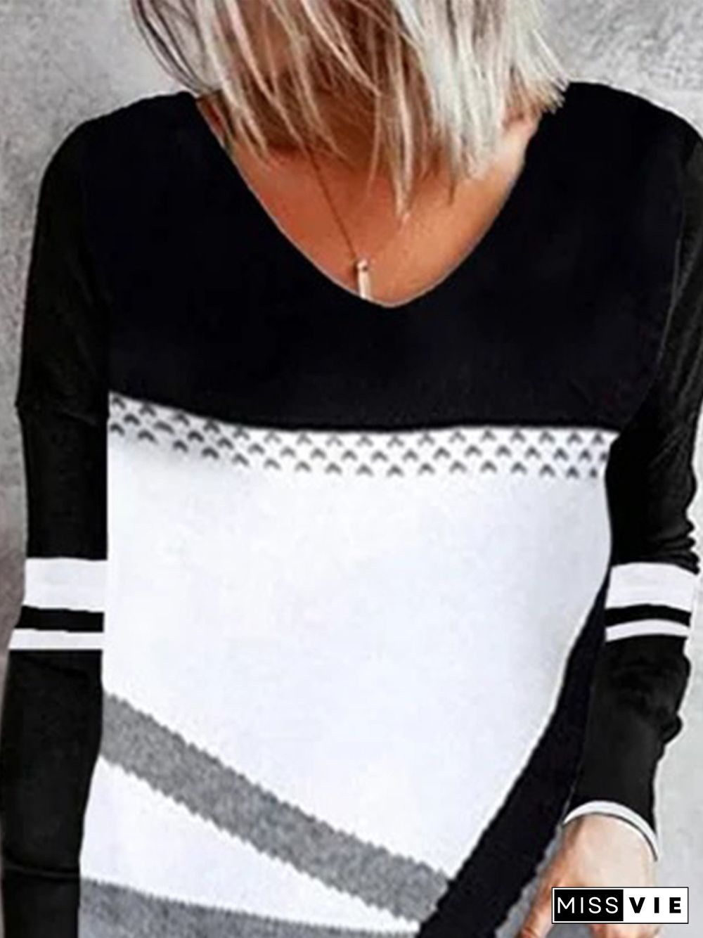 Color-block Geometric Striped Printed Long Sleeves V Neck Plus Size Casual Tops