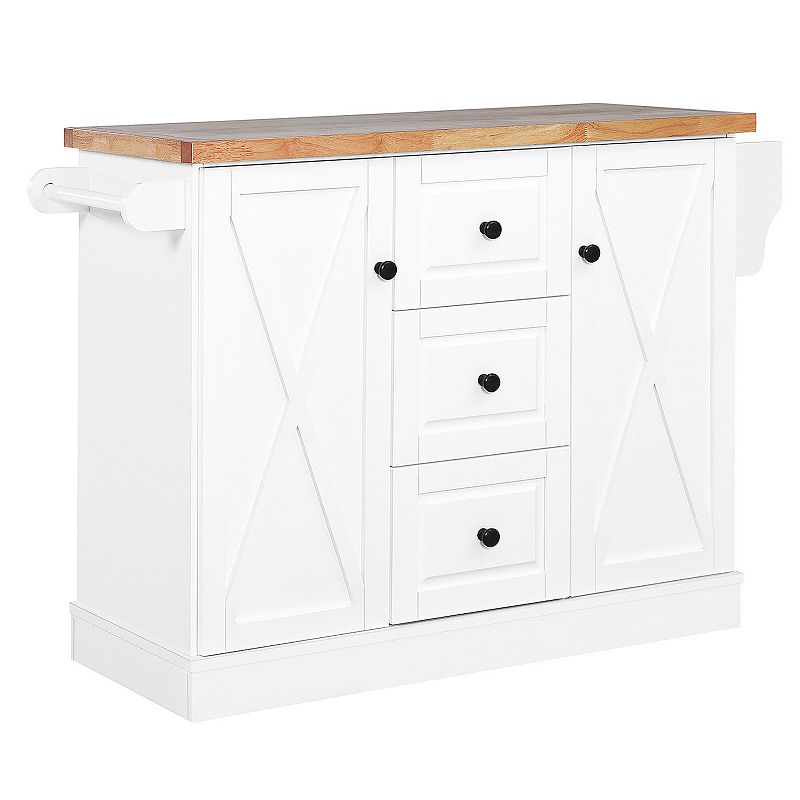 HOMCOM Farmhouse Mobile Kitchen Island Utility Cart on Wheels with Barn Door Style Cabinets Drawers   White